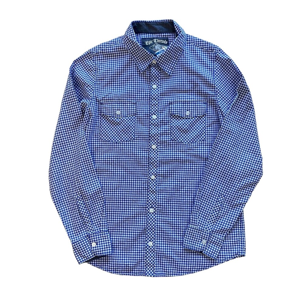 NWT Epic Threads Boys' XL Blue and White Plaid Button Down Shirt